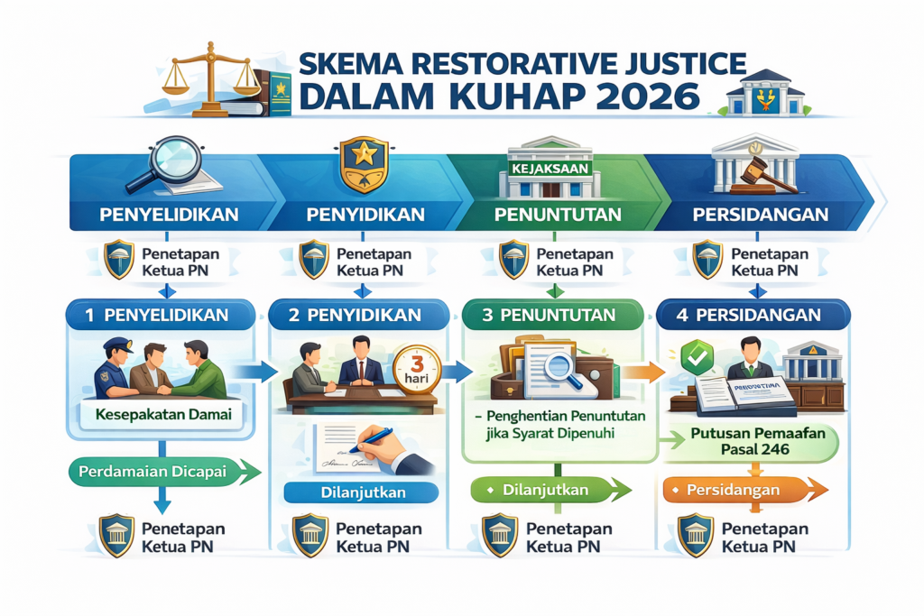 Flowchart empat tahap mekanisme Keadilan Restoratif KUHAP Baru: penyelidikan,
penyidikan, penuntutan, persidangan dengan pengawasan wajib penetapan Ketua
Pengadilan Negeri setiap tahap berdasarkan Pasal 79 ayat 8 UU No 20 Tahun 2025