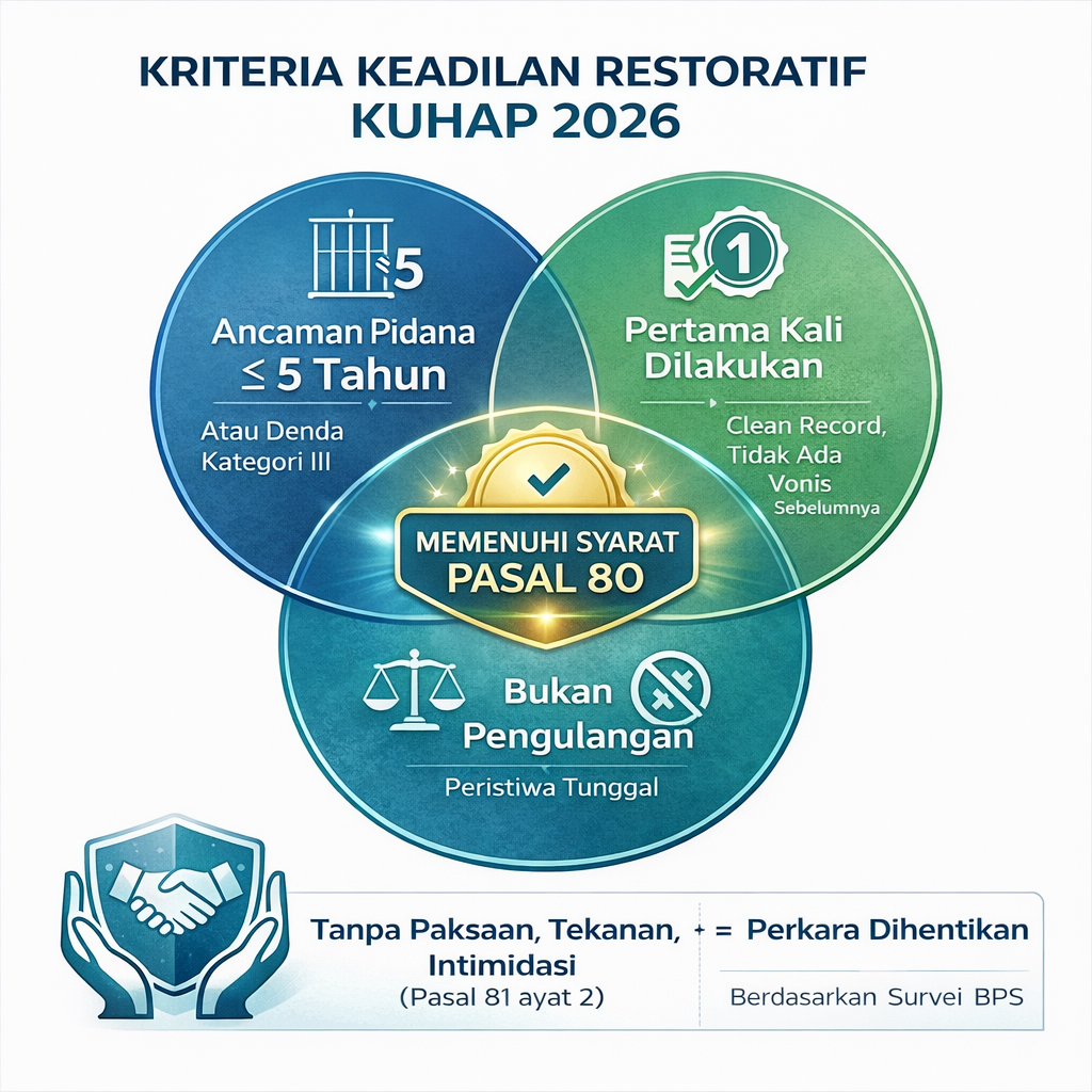 Tiga syarat kumulatif Keadilan Restoratif KUHAP Baru Pasal 80: ancaman pidana
maksimal 5 tahun, pertama kali dilakukan, bukan pengulangan dengan prinsip
tanpa paksaan Pasal 81 ayat 2 UU No 20 Tahun 2025