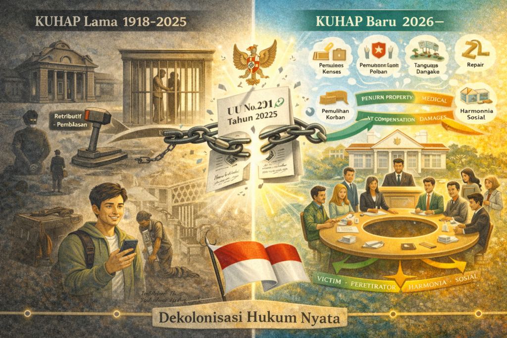 Transformasi paradigma hukum Indonesia dari KUHAP kolonial 1918-2025 yang
retributif menghukum menuju KUHAP Baru 2026 Keadilan Restoratif memulihkan
korban dengan UU No 20 Tahun 2025 berlaku 2 Januari 2026 dekolonisasi hukum