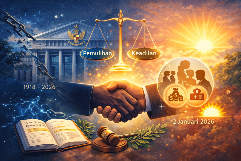 Ilustrasi Keadilan Restoratif KUHAP Baru Perdamaian 2026 menunjukkan jabat
tangan rekonsiliasi korban dan pelaku di bawah timbangan keadilan dengan
UU No 20 Tahun 2025 Pasal 79-88 berlaku 2 Januari 2026 di Indonesia
