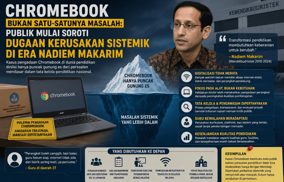 Chromebook Bukan Satu-Satunya Masalah: Publik Mulai Soroti Dugaan Kerusakan Sistemik di Era Nadiem Makarim